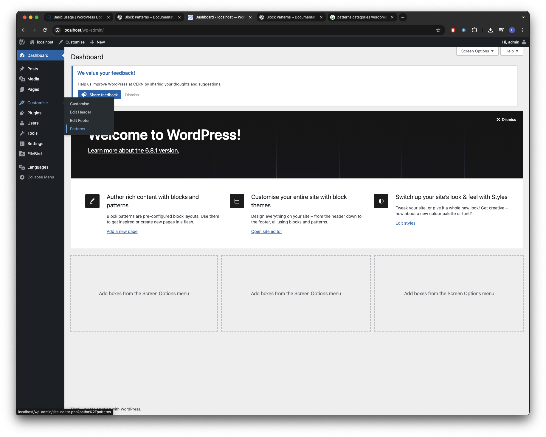 How to go to the patterns dashboard.