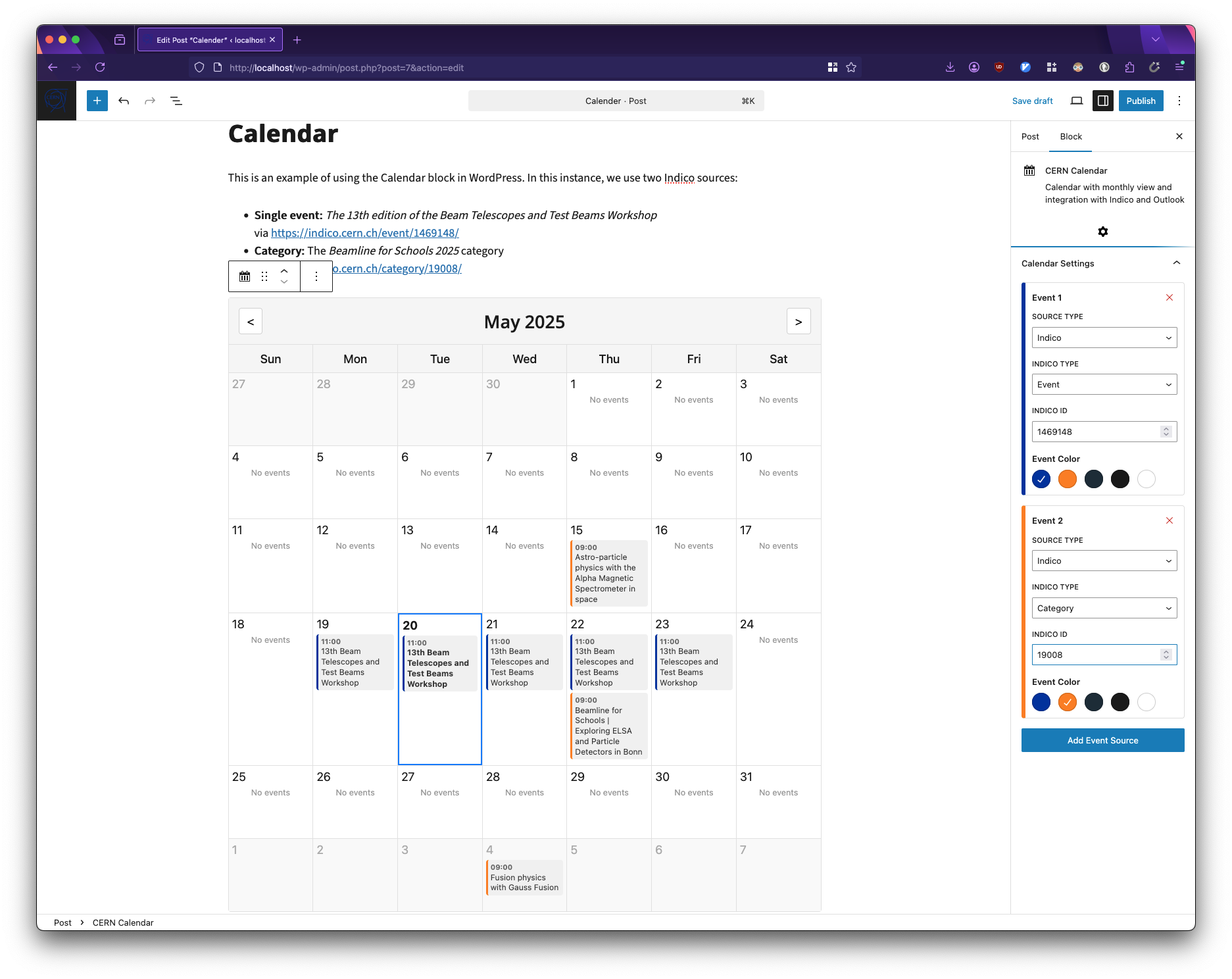 The CERN Calendar block with two inputs; one Indico event in blue and one Indico category in orange.
