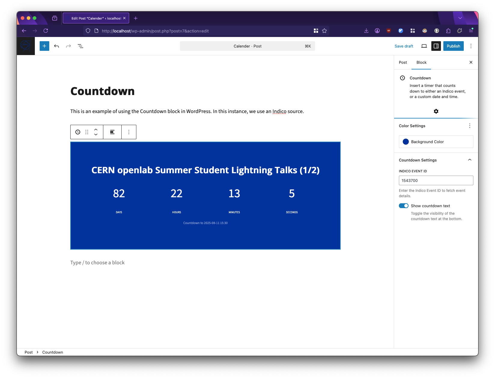 The CERN Countdown block with an Indico event.