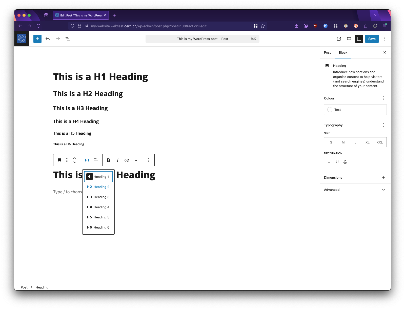 The WordPress Heading block showing different heading levels with decreasing font sizes from H1 to H6.