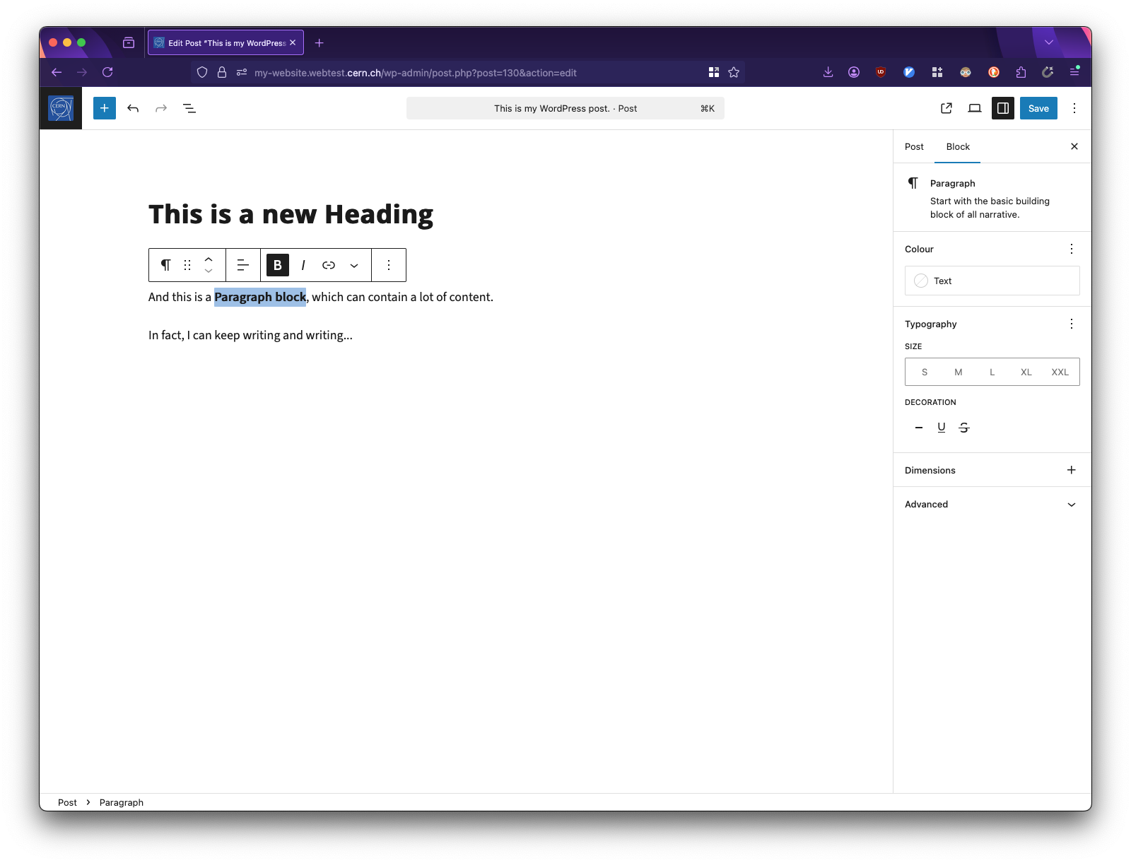 The WordPress Paragraph block showing standard text with formatting options in the toolbar.